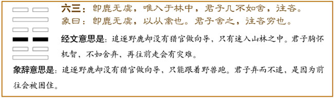 屯卦第三爻，爻辞：六三：即鹿无虞，惟入于林中；君子几，不如舍，往吝。
