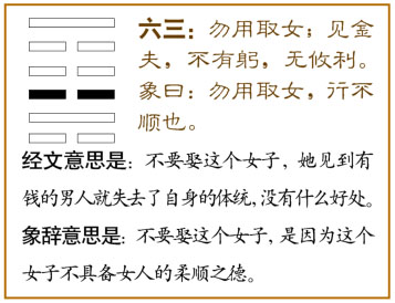 蒙卦第三爻，爻辞：六三：勿用取女，见金夫，不有躬。无攸利。