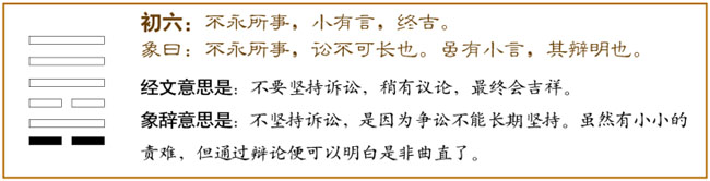 讼卦第一爻，爻辞：初六：不永所事，小有言，终吉。