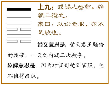 讼卦第六爻，爻辞：上九：或锡之鞶带，终朝三褫之
