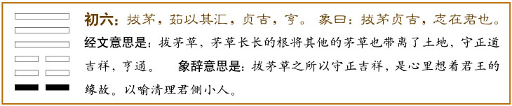 否卦第一爻，爻辞：初六：拔茅茹，以其汇，贞吉，亨。