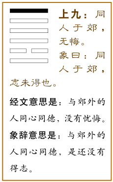 上九:同人于郊,无悔。