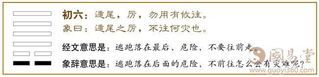 遁卦第一爻，爻辞：初六：遁尾；厉。勿用有攸往。