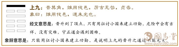 晋卦第六爻，爻辞：上九：晋其角，维用伐邑，厉右，无咎；贞吝。