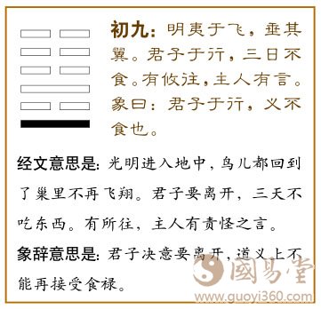 初九：明夷于飞，垂其翼；君子于行，三日不食。有攸往，主人有言。爻辞释义
