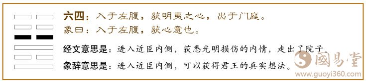 明夷卦第四爻，爻辞：六四：入于左腹，获明夷之心，于出门庭。爻辞释义