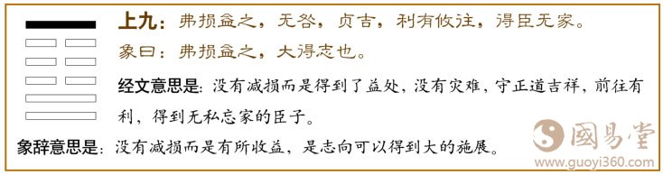 损卦第六爻,爻辞:上九:弗损益之;无咎,贞吉,有攸往,得臣无家。