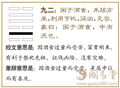 困卦第二爻，爻辞：九二：困于酒食，朱绂方来，利用享祀；征凶，无咎。