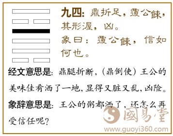 鼎卦第四爻，爻辞：九四：鼎折足，覆公錬，其形渥，凶。