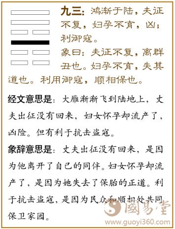 渐卦第三爻,爻辞:九三:鸿渐于陆,夫征不复,妇孕不育,凶;利御宼。