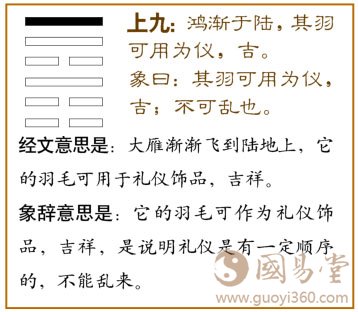 渐卦第六爻，爻辞：上九：鸿渐于陆，其羽可用为仪，吉。