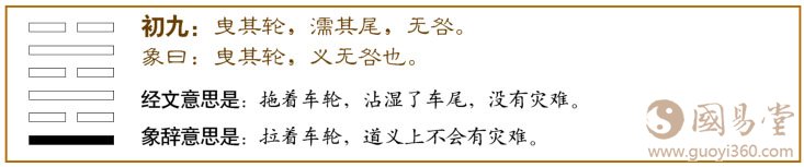 既济卦第一爻,爻辞:初九:曳其轮,濡其尾,无咎。